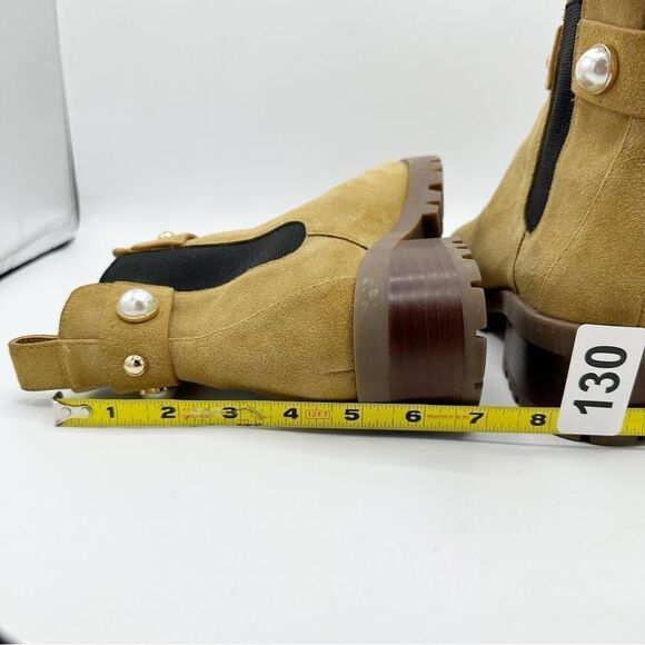 KARL LAGERFELD PARIS Tan Suede Pola Pearl Studded Chelsea Boots Lug Sole Sz 9M - Picture 14 of 14